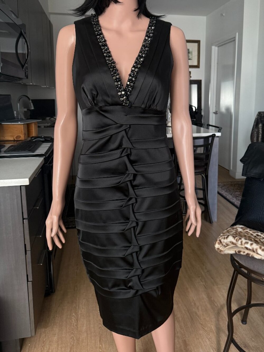 CACHÉ | Black Satin Ruched Tiered Bandage Dress | 10 | Beaded Neckline | EUC